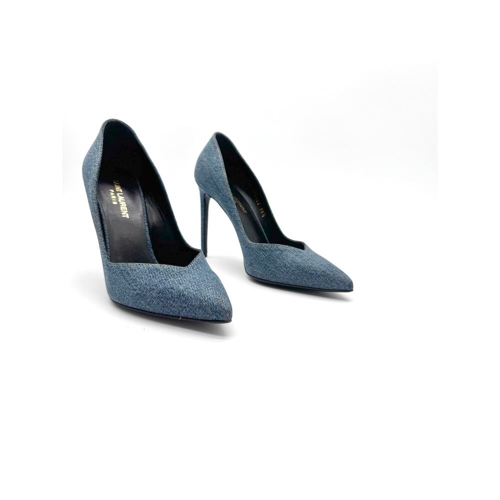 Saint Laurent Paris Escarpin V 105 Blue Denim Pointed Toe Pumps EU 38.5